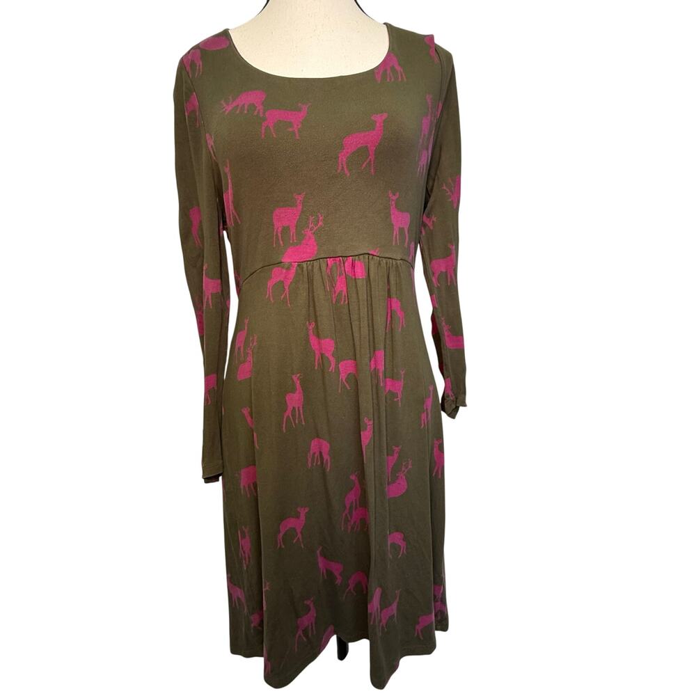 Boden Green Pink Deer Print Long Sleeve Dress Size 12 US